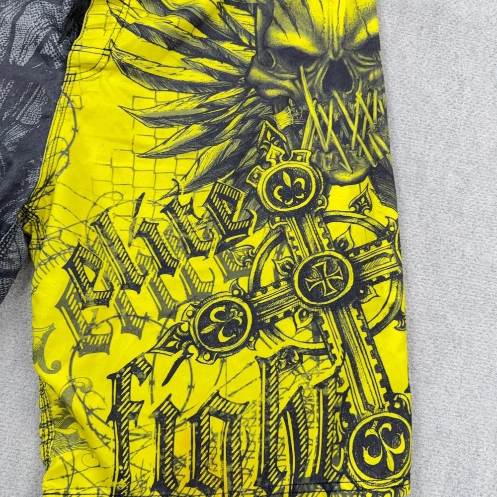 MMA Elite Board Shorts Men Large Yellow Gray Swim Trunks Skull Wings AOP Y2K